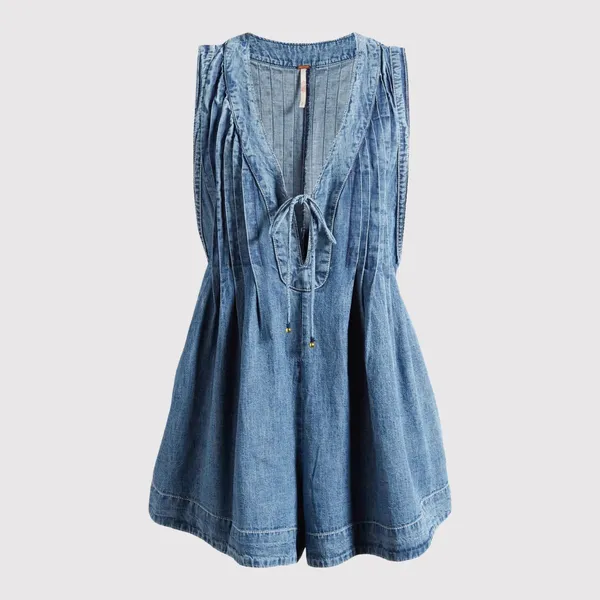 Free People Womens Romper Blue Webster Denim V Neck Relaxed Pleated Jean Medium - Image 2