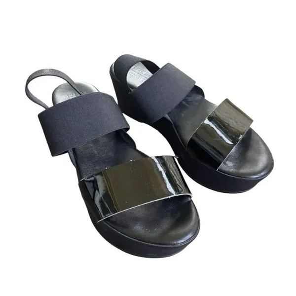Ron White Rapisardi Black Strappy Elastic Leather Platform Sandals 38 - Image 2