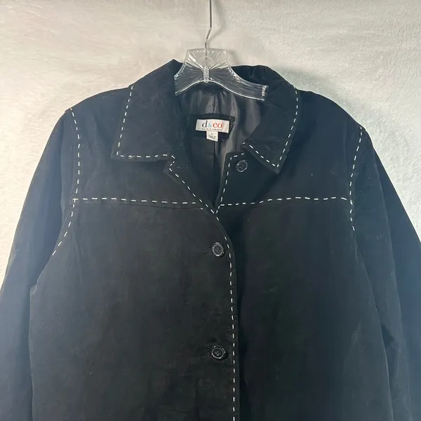 Denim & Co Black Suede Leather Whipstitch Button Front Jacket Coat Large L - Image 7