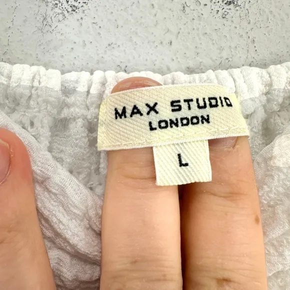 Max‎ Studio London White Midi Dress Women's L Textured Smocked Sundress Resort - Image 9