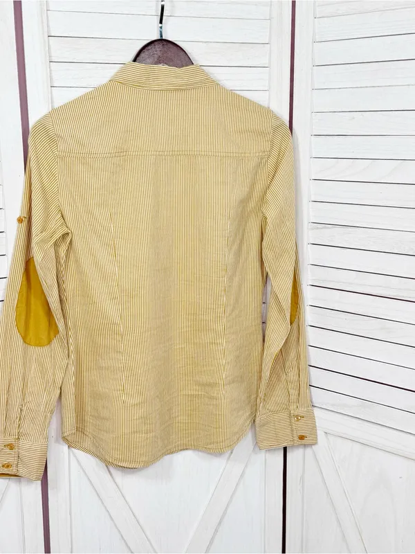 Zara TRF Striped Elbow Patch Western Style Button Up Shirt Yellow Medium - Image 7