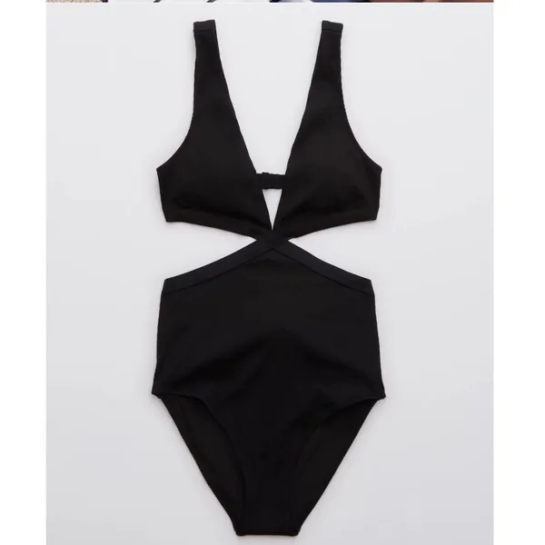 Aerie | NWT Woman's Black Real Good‎ Ribbed Cutout One Piece Swimsuit, Size L - Image 8