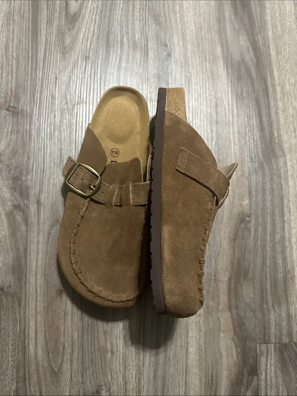 Cushionare Women’s Suede Buckle Mules in Brown - Image 9