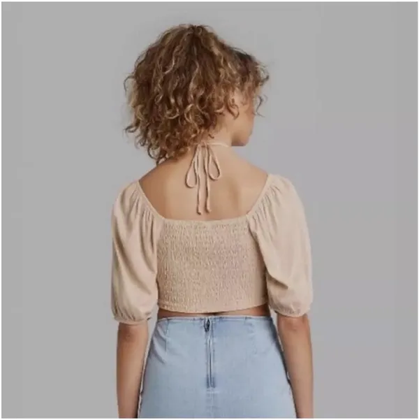 wild fable Beige Ruched Halter Puff Sleeve Crop Top - Image 2
