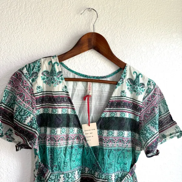 NEW Anthro Raga Womens Dress Teal Caravan Short Wrap Short Sleeve Size Small - Image 3