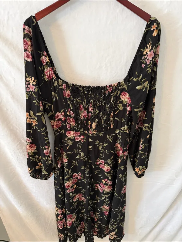 Forever 21 Black Floral Long-Sleeve Midi Dress with Pink Roses - Image 5