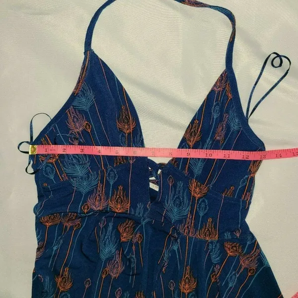 Free People Blue Peacock feather print Lined Halter Dress Boho Extra Small‎ XS - Image 9