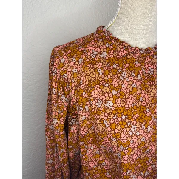 Universal Thread Floral Blouse L Excellent Ruffle Neck Long Sleeve Rust Multi - Image 3