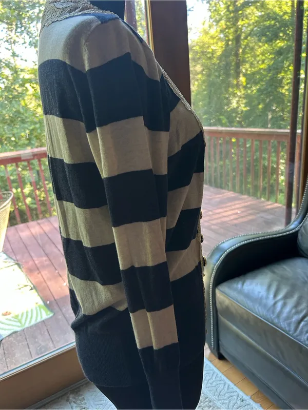 RXB stripped Navy and Cream Lace-Trim Cardigan Sweater - Image 2
