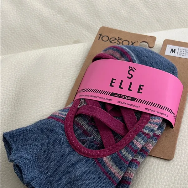 Toesox Elle Striped Toe Socks - Blue and Pink - Image 2