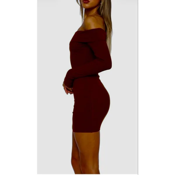 NEW Off The Shoulder Long Sleeve Bodycon Ribbed Cocktail Mini Dress XL - Image 3