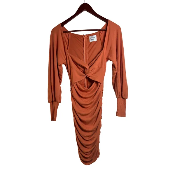 Hello Molly Dress Small Long Sleeve Cutout Ruched Mini Burnt Orange Ribbed Twist - Image 2