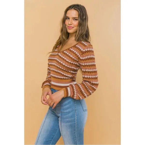 Boutique Boho Crochet Knit Sweater Large Rust Stripe Cotton V Neck - Image 6