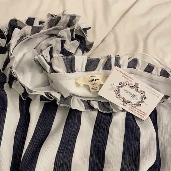 Entro Blue Mini Dress Women's Size L One Shoulder Ruffled Striped NEW - Image 3