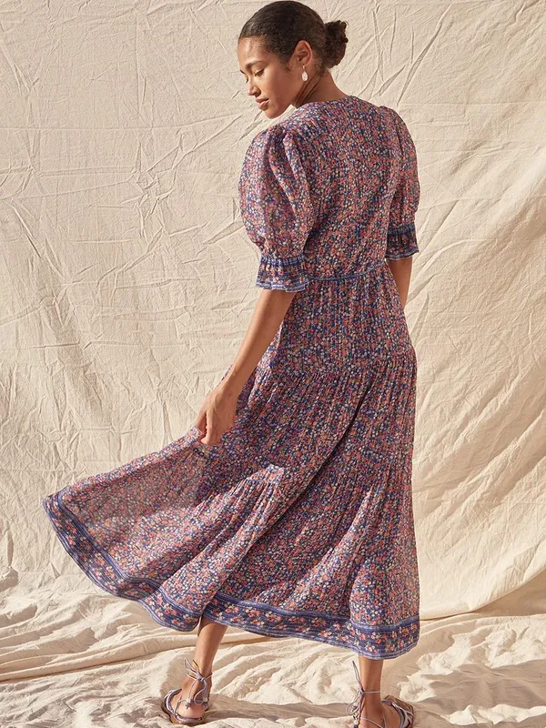 SAYLOR Blue Multi Floral Puff-Sleeve Maxi Dress Size L 90% Viscose - Image 2