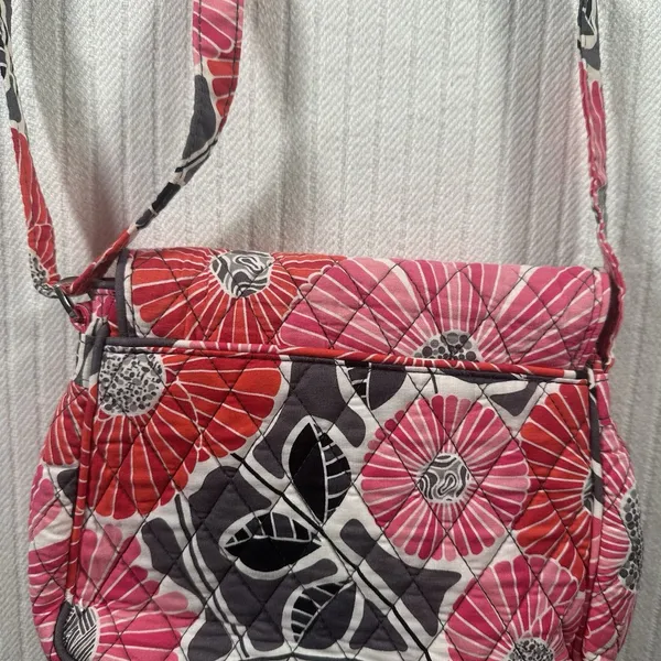 Vera Bradley Floral Quilted Crossbody Shoulder Bag Pink Gray Cotton Purse - Image 7