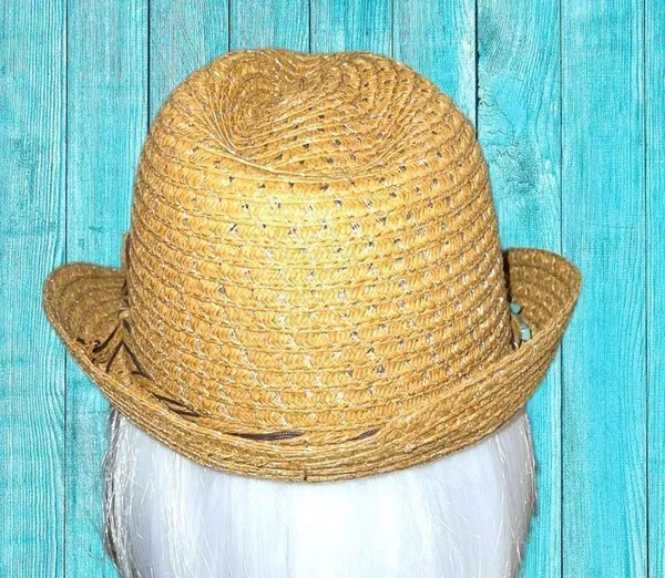 Cute straw fedora with turquoise beaded band! Tan - Image 6
