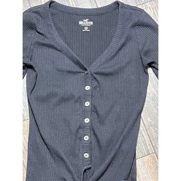 Hollister Black‎ Ribbed V Neck Button Front Tie Waist Long Sleeve Top Medium Y2K - Image 3