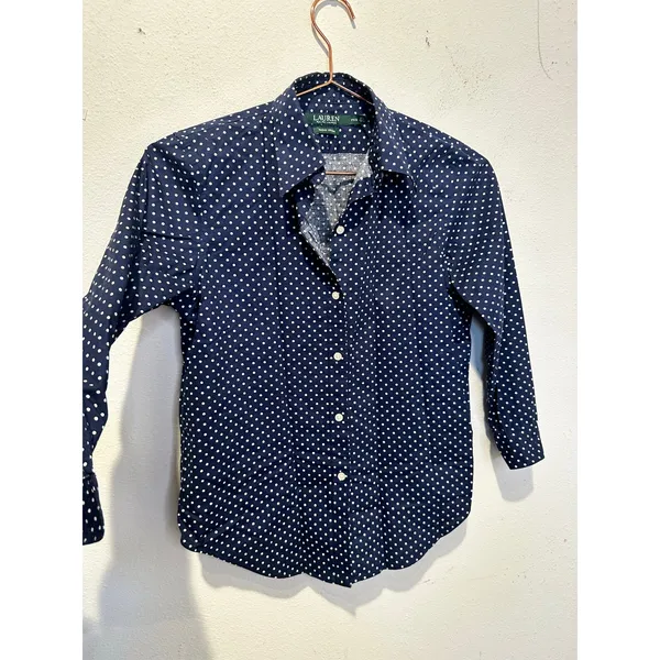 LAUREN RALPH LAUREN Navy White Polka Dot 3/4 Sleeve Button Up Shirt size P XS - Image 4