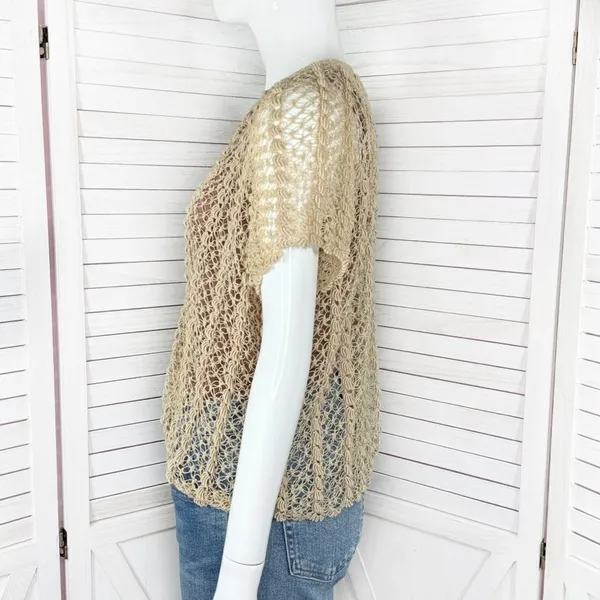 Vintage Boho Crochet Lace Sheer Topper Cardigan Button Up Tan Medium Cottagecore - Image 2