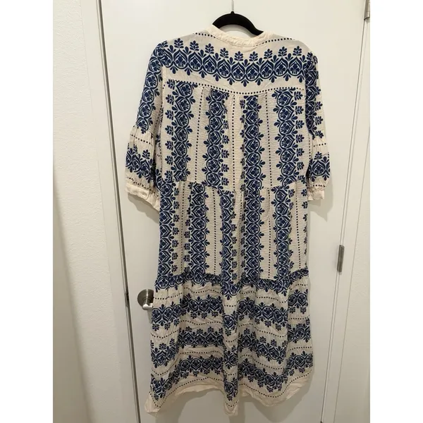 Fig + Flower Woven Boho Peasant Dress Fancy Ivory/ Navy Size L - Image 4