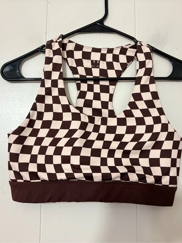WILO The Label Checkered Sports Bra Brown Cream Racerback Size L - Image 2
