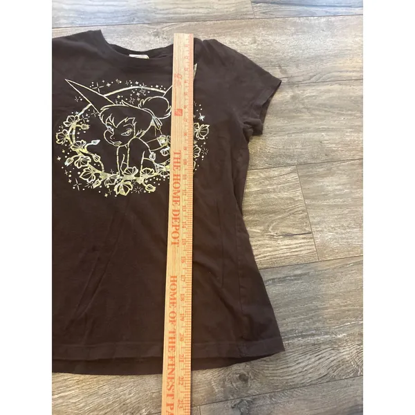 Vintage y2k Disney Tinker Bell Gold Foil Graphic Tee Brown Cotton Shirt Small - Image 4
