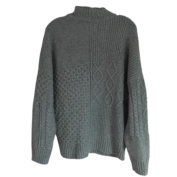 American Eagle Grey Patchwork Mixed Cable‎ Knit Mock Neck Sweater Womens Large - Image 8
