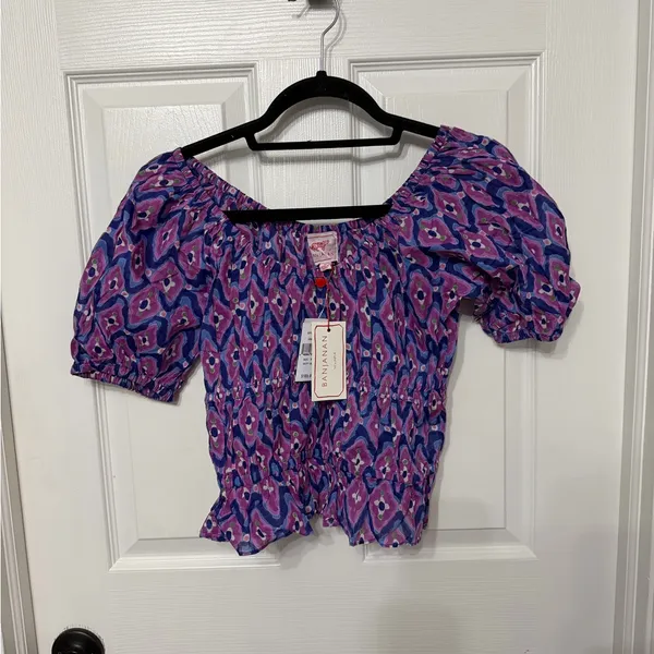 NWT Banjanan‎ Halo Cotton Top Blouse Abstract Print Smocked Puff Sleeve Purple M - Image 2