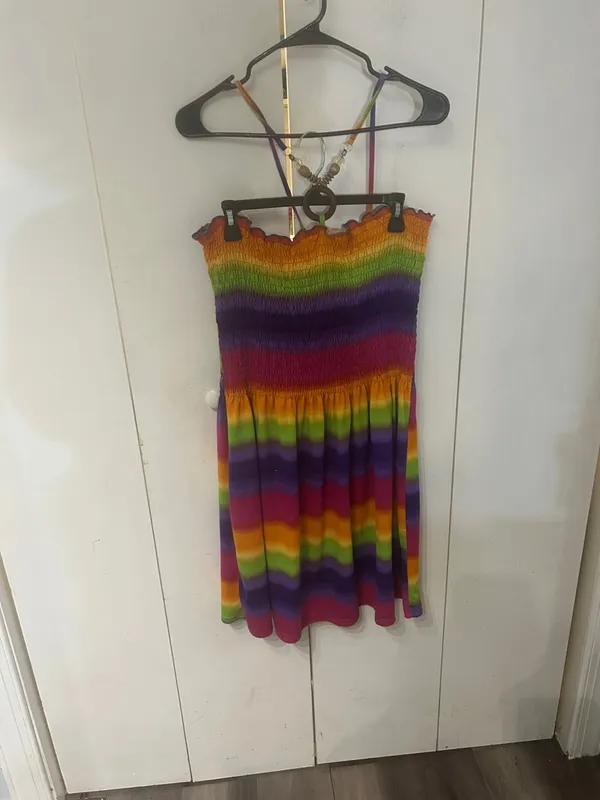 Colorful Rainbow Smocked Mini Dress Pink Size 2X - Image 4