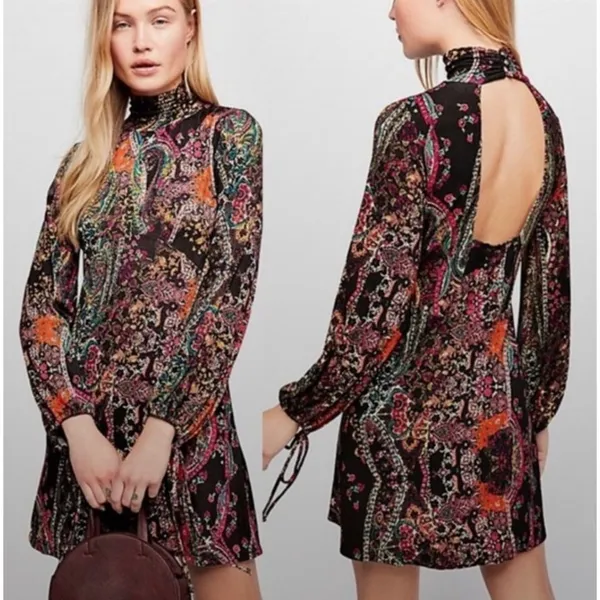 Free People All Dolled Up Open Back Long Sleeve Floral Paisley Mini Dress Size M - Image 2