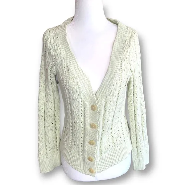 Vintage 90s Fitted Cable Knit‎ Cardigan Sweater Cropped Pastel Pistachio Green - Image 10