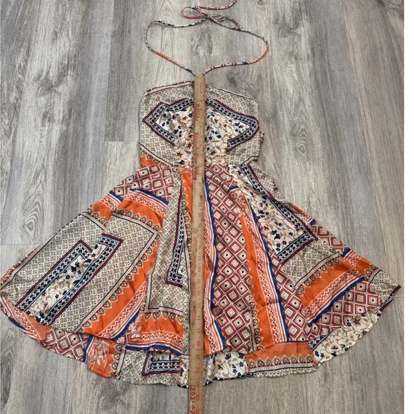Lulus Forever Mesmerizing Orange Scarf Print Halter Mini Dress Open Back XS NEW‎ - Image 5