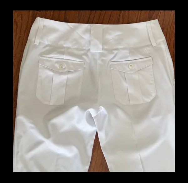 Adidas White Climalite golf pants - size 8 ***Refer to measurements. Great fabric pants for golf outings. Pants zip up. Gently warn and excellent condition. Measurements approximately 17” waste x 36.5” long x 10” rise. Non-smoking home. Priced to sell at as is condition. Don’t like my price, make reasonable offers! - Image 4