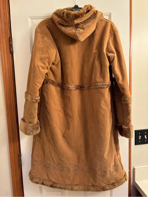 Vintage Faux Suede and Sherling Embroidered Hooded Coat - Image 2