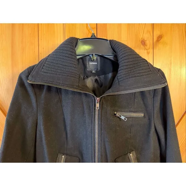 Express Women’s Black Wool Blend Lined Winter Bomber Jacket Size XS (6747) - Image 2