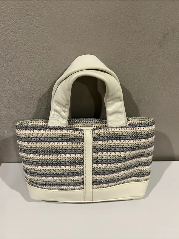 The Sak White Gray Seafoam Striped Crochet Tote Bag Leather Trim Mini Tote Purse - Image 14