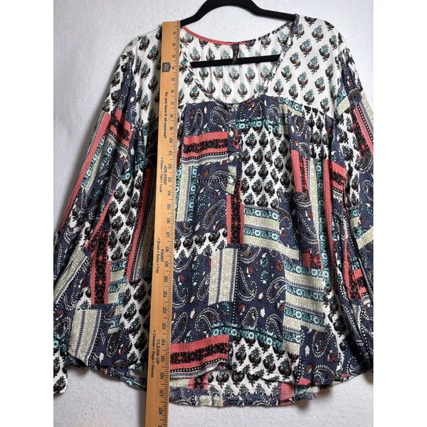 Massini Womens Large Patchwork Paisley Bell Sleeve Boho Peasant Blouse Top - Image 8