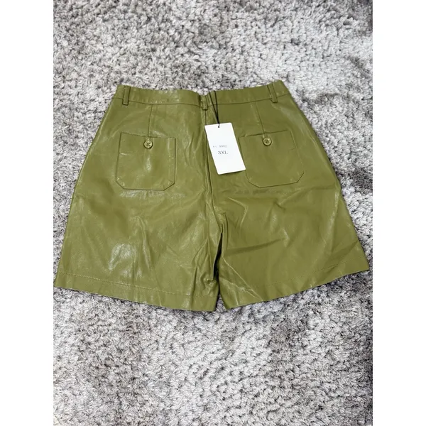 Women Faux Leather Shorts Olive Green High Waist Pleated Shorts Size 3XL NWT - Image 8