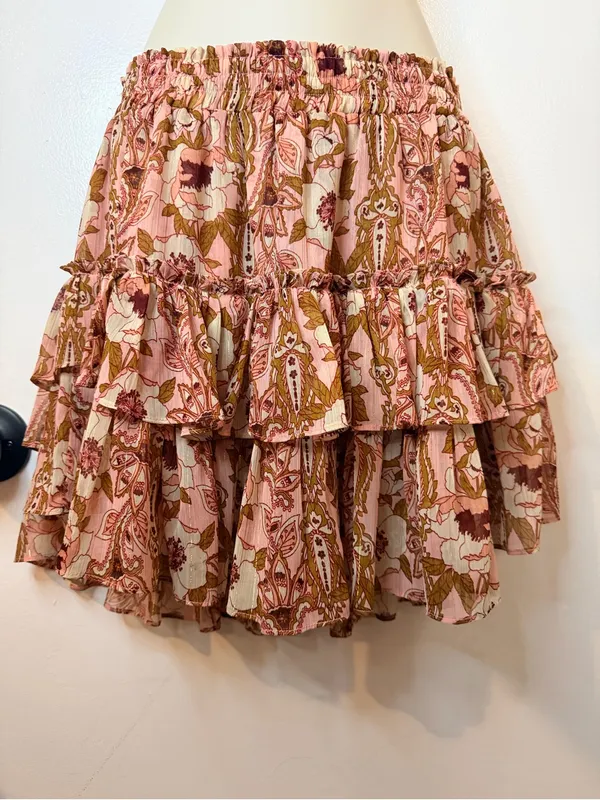 MISA Los Angeles Anthropologie MISA Nahla Mini Skirt Size M Pink Floral Ruffle Tiered Stretchy - Image 4