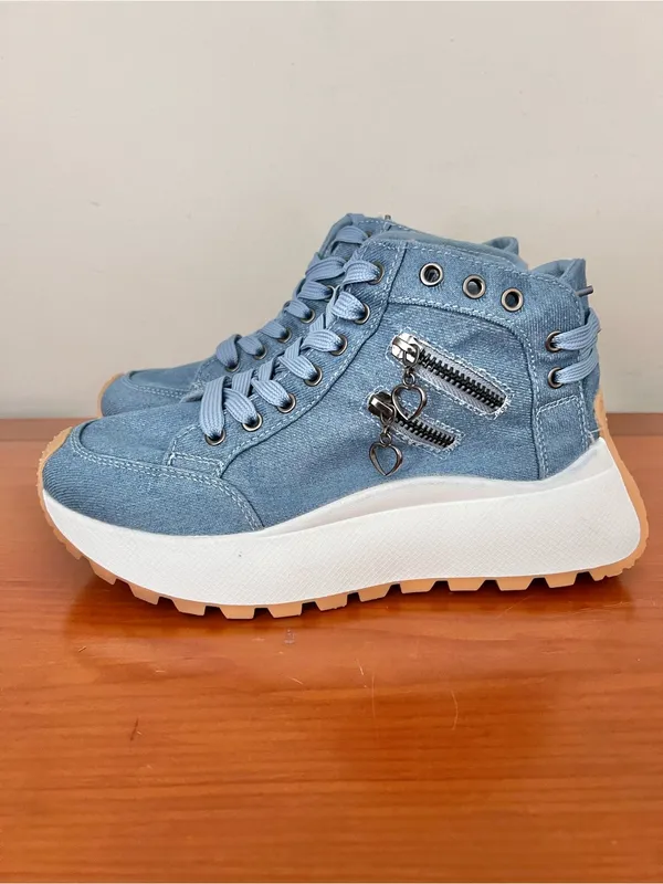 Women’s Canvas Platform Sneakers High Top Denim Shoes Size 38 - Image 3