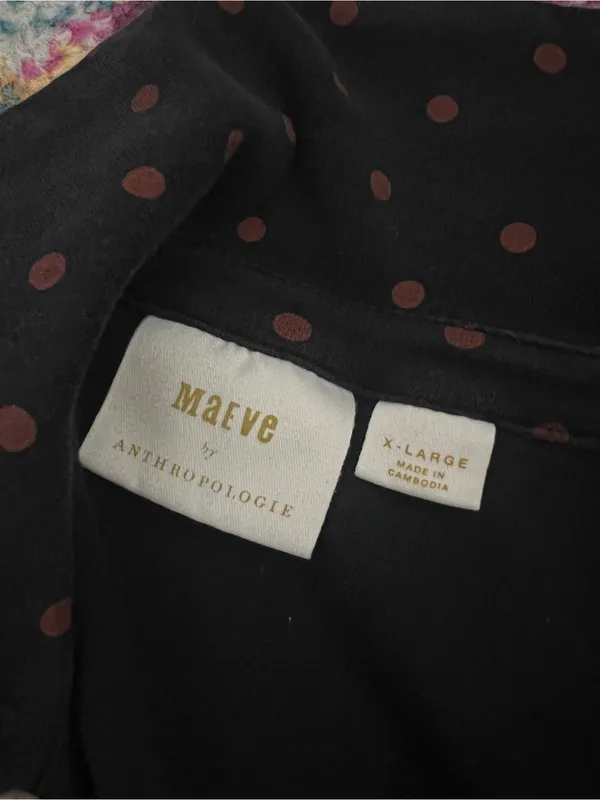 Maeve Anthropologie Ruched Button Front Top XL Black Tan Polka Dot Stretch - Image 6