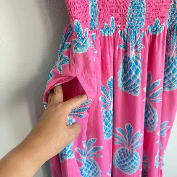 Crown & Ivy Women’s Dress M Pink Blue Pineapple Swiss Dot Smocked Maxi Beach - Image 5