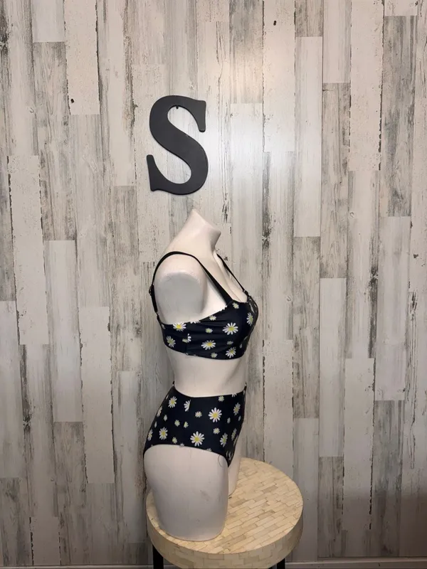 Daisy Floral High Waisted Bikini Set 2 Piece Swimsuit Womens Small Black White - Image 3