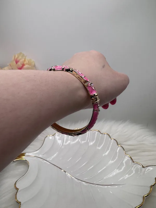 Pink Enamel Gold-Tone Floral Cloisonne Bangle Bracelet - Image 5