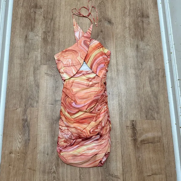 Princess Polly | NEW Orange Pink Marble Mesh Ruched Christoph Mini‎ Dress, 0 - Image 4