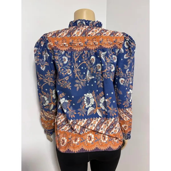 Love The Label Blue Orange Floral Batik Print Ruffle Neck Cotton BOHO Blouse Med - Image 4