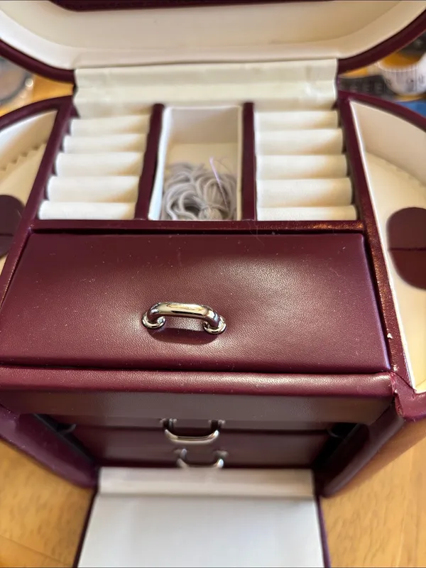 Classic Burgundy Jewelry Case with Top Handle - Image 3