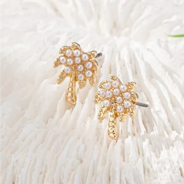 Palm Tree Earrings with Pearls Gold - Image 2