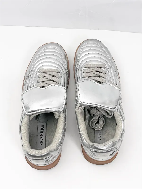 STEVE MADDEN Madrid Silver Metallic Lace Up Sneakers Shoes Size 7.5 Retro Casual - Image 10